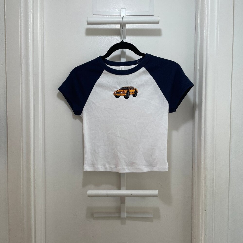 90s Datsun 510 embroidered babydoll capsleeve crop t women's S